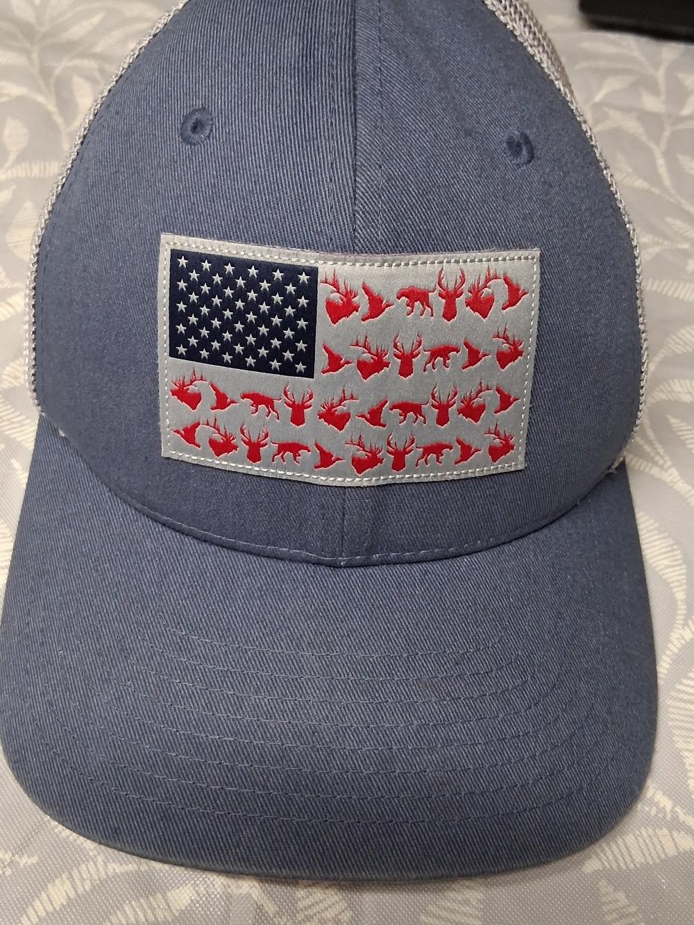 Columbia Gray Blue Mesh Trucker Hat with Flag Patch On Front